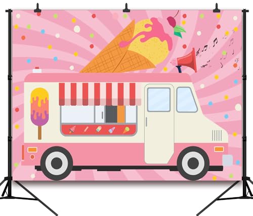 7x5Ft DePhoto Ice Cream Truck Birthday Backdrop Sweet Summer Birthday Baby Shower Party Decoration for Girl Ice Cream Shop Background Party Cake Table Photo Booth Props - color: Ice cream Backdrop 1