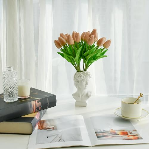 Mandy's Light Brown Artificial Tulips Flowers Centerpiece, 13.5" Lifelike PU Fake Floral Stems 20pcs for Kitchen Island & Dining Table, Spring Decor for Easter - color: Light Brown