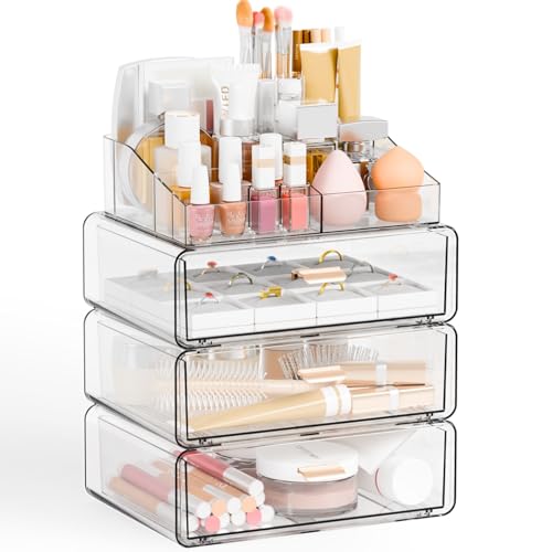Yieach Clear Acrylic Makeup Organizers Countertop for Dresser,Desk,Bathroom Vanity,4 Tier Stackable Make up Holders and Makeup Cabinet,Tiered Cosmetic Storage and Make up Containers for Palette,Brush - size: 3 Drawers