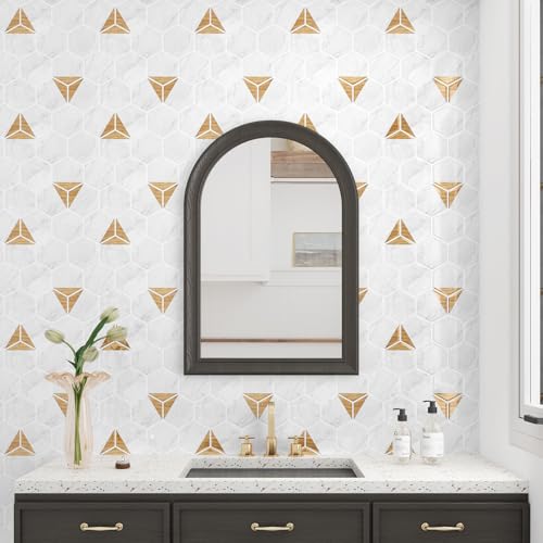 WESTICK White Gold Marble Back Splash Stick on Tiles for Kitchen Hexagon Peel and Stick Backsplash Tile Waterproof Bathroom Vinyl Backsplash Panels for Laundry Room Wall RV 10 Pack 12" x 12" - color: 9.Gold white