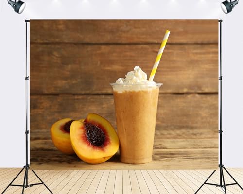 Trykid 7x5ft Peach Smoothie Wooden Table Backdrop Fresh Fruit Drink Photography Cream Topping Rustic Background Tapestry Food Party Decoration Photo Studio Prop Fabric Backdrop - size: 7x5ft