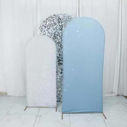 Efavormart Set of 3 Dusty Blue Silver Chiara Arch Backdrop Covers (7ft/6ft/5ft), Round Top Snug Fit, Double-Sided Big Sequin, Tinsel & Spandex Mixed Texture for Birthday, Party, Events - color: Dusty Blue
