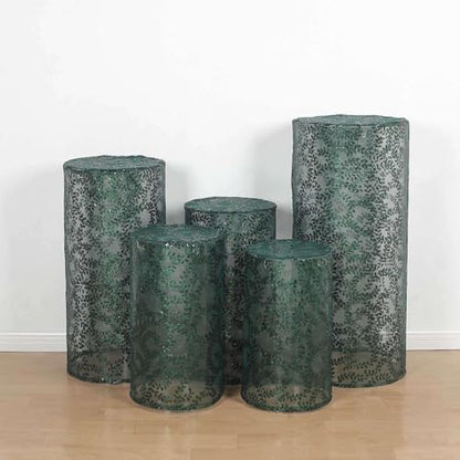 Efavormart Set of 5 Hunter Emerald Green Sequin Mesh Cylinder Display Box Stand Covers with Leaf Vine Embroidery, Sparkly Sheer Tulle Pedestal Pillar Prop Covers - color: Hunter Green, size: Sequin Mesh Cylinder Covers - Leaf Pattern