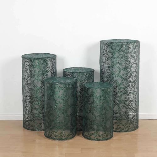 Efavormart Set of 5 Hunter Emerald Green Sequin Mesh Cylinder Display Box Stand Covers with Leaf Vine Embroidery, Sparkly Sheer Tulle Pedestal Pillar Prop Covers - color: Hunter Green, size: Sequin Mesh Cylinder Covers - Leaf Pattern