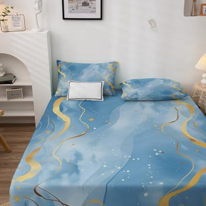 Blue White Marble Bed Sheets Twin XL Size, Kids Sheet Set, Soft Microfiber Deep Pocket Wrinkle Free Fitted Sheet & Flat Sheet & Pillowcase Sets, Abstract Ombre Watercolor Bedding Sheets - 3 Piece - color: Blue, size: Twin XL