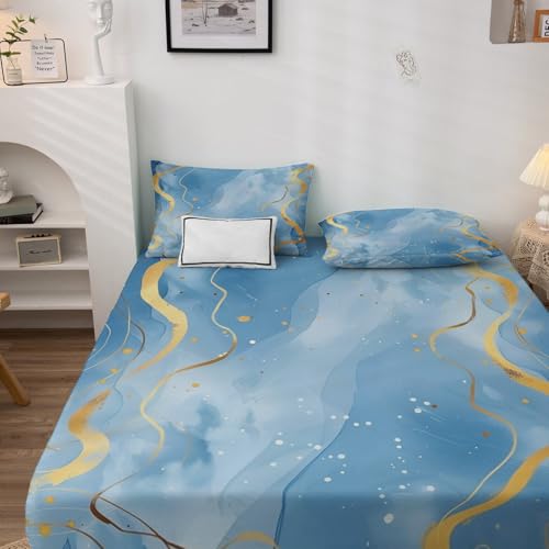 Blue White Marble Bed Sheets Full Size, Kids Sheet Set, Soft Microfiber Deep Pocket Wrinkle Free Fitted Sheet & Flat Sheet & Pillowcase Sets, Abstract Bohemia Ombre Watercolor Bedding Sheets - 4 Piece - color: Blue, size: Full