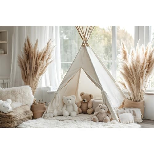 YongFoto Bear Theme Backdrop 7x5ft Tent Blanket Pampas Boho Photography Background Baby Shower Cradle Ceremony Kid Birthday Party Banner Baby Portraits Photoshoot Wallpaper Photo Studio Booth Prop - color: Style 4, size: 7ftx5ft