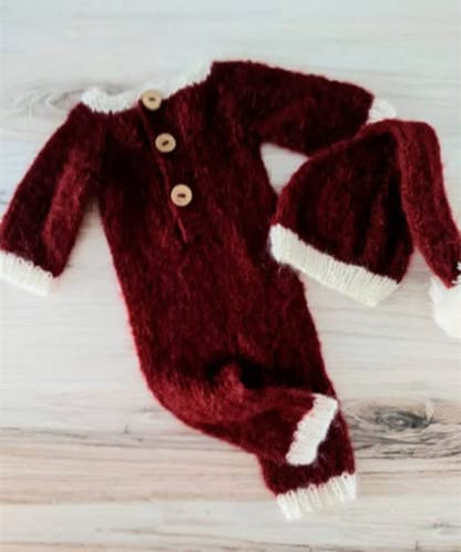 Fashion Cute Newborn Boy Girls Baby Costume Outfits Photography Props Hat Pants - color: Red Wine