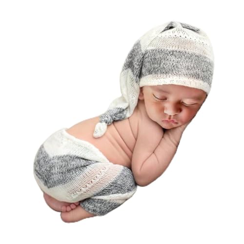 Newborn Baby Photo Shoot Props Girl Boy Crochet Knit Hat Costume Stripe Hat Pants Overalls Photography Props - color: White B