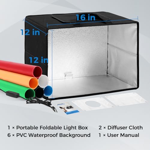 Photo Light Box, 16"x12"x12" Foldable Photography Light Box with CRI>95 120 Light Beads. Dimmable Shooting Tent Kit with White and Warm Light. 6 Color Backdrops Photo Booth for Studio Products Display - size: 16" x 12" x 12"