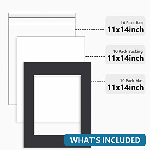 Somime 10 Pack 11x14 Black Picture Mat Kit for 8x10 Photo with White Core Bevel Cut Mattes Sets - Includes 10 Acid Free Pre Cut Mats & 10 Backings & 10 Print Sleeve Bags - size: 11x14 10pack black complete set for 8x10