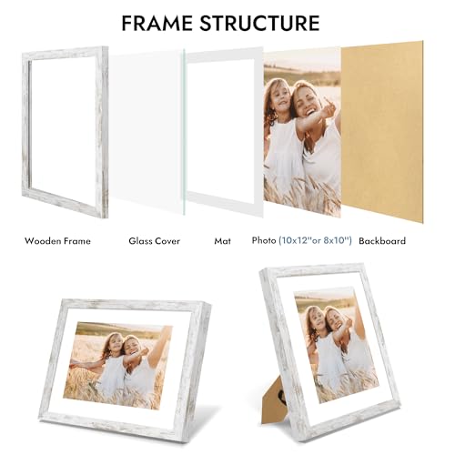 Hongkee 10x12 Picture Frame with Glass, Display Pictures 8x10 with Mat or 10 x 12 without Mat - Wall and Tabletop, 10 by 12 Photo Wooden Frames (Distressed White, 1 Pack) - color: Distressed White, size: 10X12 in