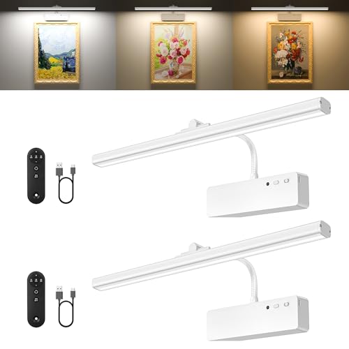Picture Light, 15.35inch Wireless Picture Lights for Wall Rechargeable, Battery Lights for Pictures on Wall, 3 Color Art Lighting for Paintings with Timer and Dimmable Artwork Display (White-2PCS) - color: White, size: 15.35inch-2pack