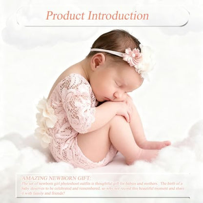 Newborn Photography Outfits, Cute Baby Lace Ribbon Rompers with Headband for Infant Photography Props - color: Light Pink