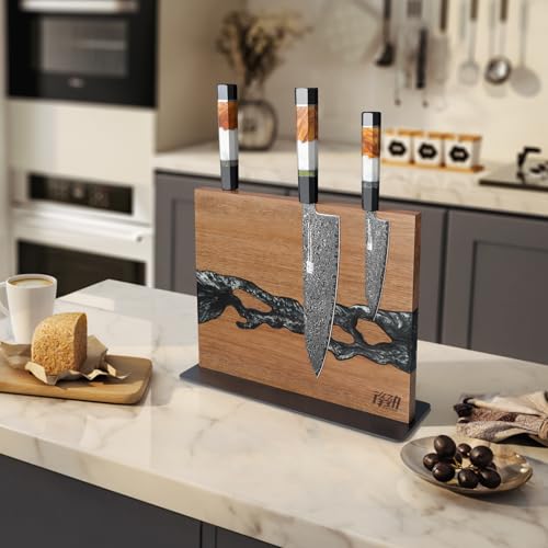 FINDKING Magnetic Knife Block, Double-Sided Knife Holder with Strong Magnets, Acacia Wood and Black White Resin, Countertop Kitchen Knife Storage Stand (12 × 10 Inches, Without Knives) - color: Black White