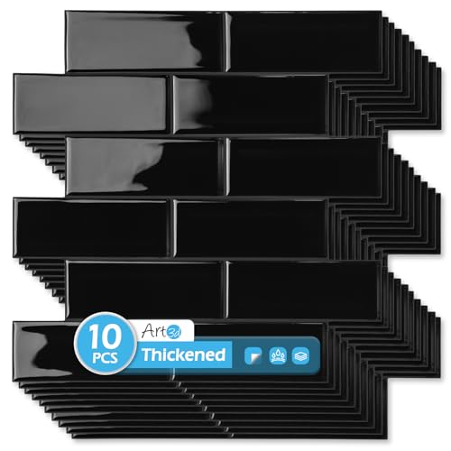 Art3d 10-Pack Heavy-Duty Peel and Stick Backsplash, 12 x 12 Inch Vinyl Seaglass Subway Design Stick on Wall Tile for Kitchen Living Room Home Decor, Black - color: Black