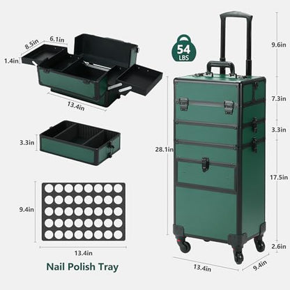 Somduy Rolling Makeup Case with Drawer, Makeup Train Case, 4 in 1Cosmetology Case on Wheels, Christmas Gift, Large Makeup Case Organizers, Profesional Cosmetic Case for Salon Barber, Green - color: Green