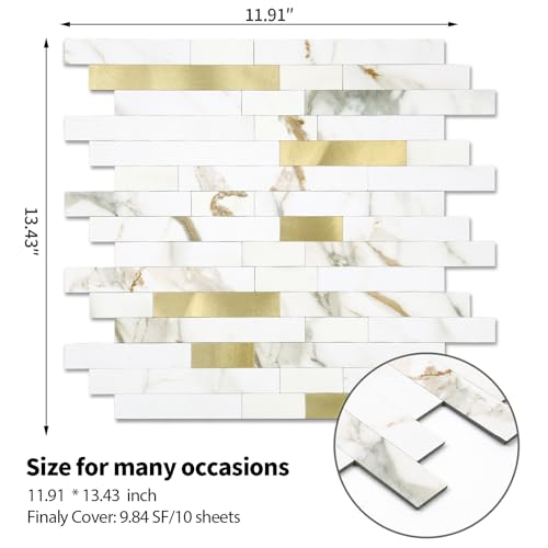 10 - Sheet Peel and Stick Backsplash Wall Tile, PVC Kitchen Backsplash, Stick on Tiles for Backsplash Kitchen (12'' X 12'', White with Gold) - color: White With Gold