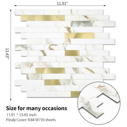 10 - Sheet Peel and Stick Backsplash Wall Tile, PVC Kitchen Backsplash, Stick on Tiles for Backsplash Kitchen (12'' X 12'', White with Gold) - color: White With Gold
