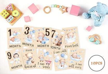 Baby Milestone Cards, 10pcs Double Sided Newborn Photo Prop, First Words, Haircut & More, First Year Monthly Milestone Cards, Boho Bear Pregnancy Announcement Ideas Decor Supplies(03) - style: Boho Bear