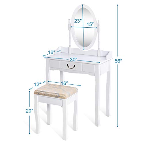 Giantex White Vanity Table Set with Stool, Dressing Table for Girls Women Mirror Makeup Table Desk Room Vanity Dresser, Large Bedroom Vanities w/Drawer