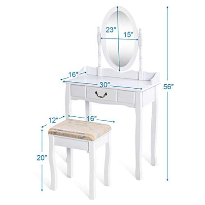 Giantex White Vanity Table Set with Stool, Dressing Table for Girls Women Mirror Makeup Table Desk Room Vanity Dresser, Large Bedroom Vanities w/Drawer