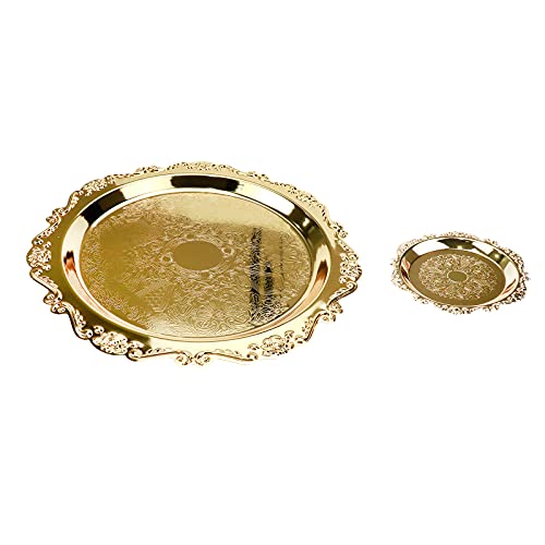 Quluxe Vintage Round Metal Food Serving Tray, 2 Pcs Reusable Decorative Appetizer Platter for Kitchen, Party, Centerpiece Display- Gold (4 Inch+10 Inch) - color: Gold, size: 4" & 10"