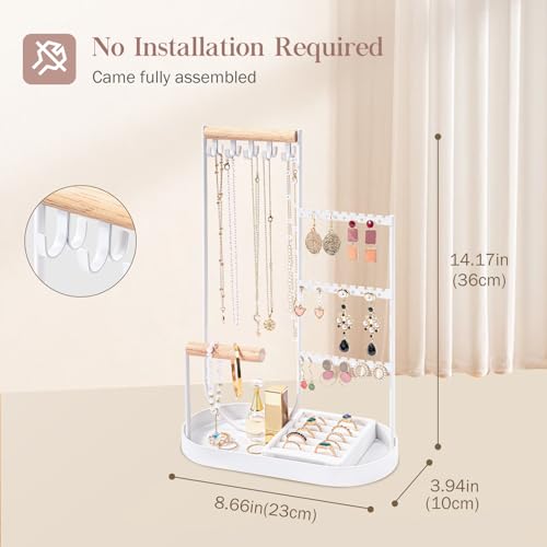 ProCase Jewelry Organizer Tower, 10 Hooks Jewelry Storage Rack Tree Holder Stand with Velvet Ring Display Tray for Necklaces Bracelets Earrings Rings Watches -White - color: White