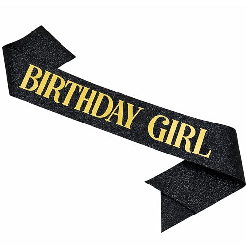 Black Glitter Gold Birthday Sash – Adjustable Satin Sash for Women, Teens & Adults – Fun Party Decoration & Photo Prop for 18th, 21st, 30th, 40th, 50th Birthdays - color: Black Glitter