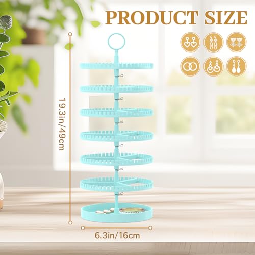 MODOWEY 6 Tier Rotating Earring Holder Organizer Display Tree with Metal Tray, Adjustable Plastic Stand with 342 Slots for Stud Hoop Hanger, Large Capacity Storage Rack for Women Space-Saving, Blue - color: Blue