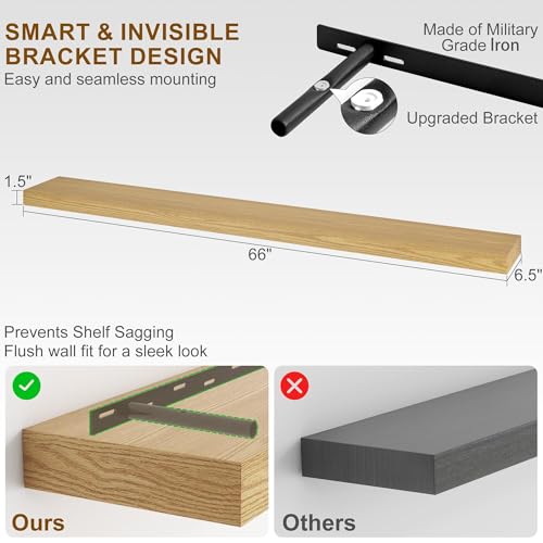 Fun Memories 66 Inch Fireplace Mantel - Long Floating Shelf, Wall Mounted Farmhouse Display with Invisible Heavy Duty Metal Bracket, Oak, 2 Pack - color: Oak, size: 67"W x 6.5"D