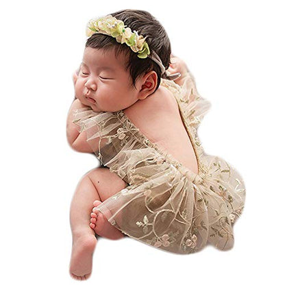 Zeroest Baby Photography Props Lace Hats Outfit Newborn Photo Shoot Outfits Infant Photos Baby Girl Photoshoot - color: Brown