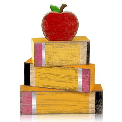 Lineshading 4 Pcs Back to School Table Decorations Retro Red Apples Decor Back to School Tiered Tray Decor Apple Centerpieces Rustic Wood Pencil Block Stack Sign Farmhouse Gifts for Home Shelf Mantel - style: Apple