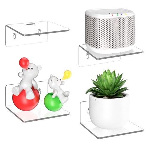 4 Pack Small Wall Shelf - 4" Floating Shelves for Wall Display Ledges for Funko Pop Figures, Plants, Speakers, Durable Plastic Adhesive or Screw Shelves in Bedroom Kitchen Living Room, Clear
