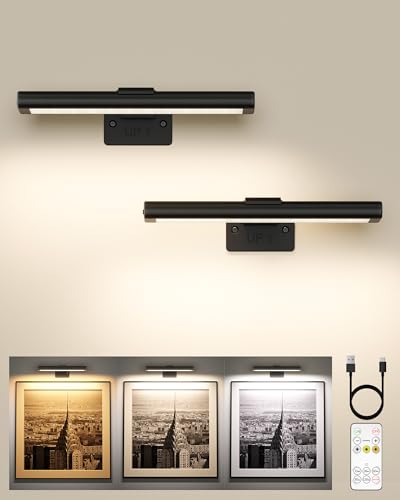 EZVALO Picture Light for Wall, Rechargeable 2400mAh Battery Lights Wireless with IR Remote, 3 Color & Dimmable Magnetic 7.87'' LED Lights Display for Painting, Living Room, Gallery, Bedroom(Black-2P) - color: Black, size: 2Pack-7.8in