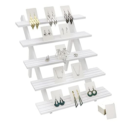 101pcs 5-Tier Wood Earring Display Stand, Retail Display Riser Earring, Ring Holder Stand, Removable Countertop Small Merchandise Display Stand with 100 Pcs Earring Card (White) - color: White