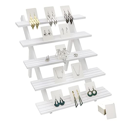 101pcs 5-Tier Wood Earring Display Stand, Retail Display Riser Earring, Ring Holder Stand, Removable Countertop Small Merchandise Display Stand with 100 Pcs Earring Card (White) - color: White