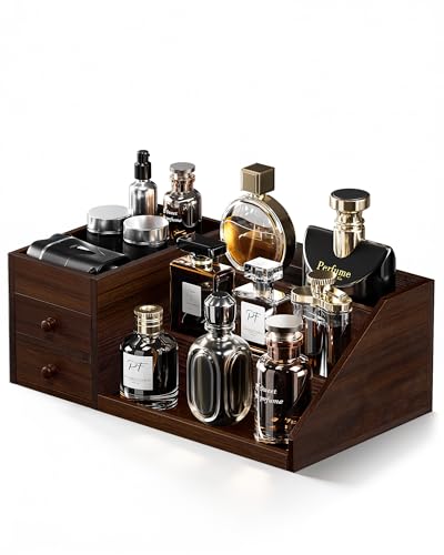 ProCase Wooden Cologne Organizer for Men, 3-Tier Elevated Wood Perfume Storage Display Shelf with Drawers, Dresser Storage Stand Riser for Fragrance Skin Care, Gift for Boys Men Dad Husband -Brown - color: Brown