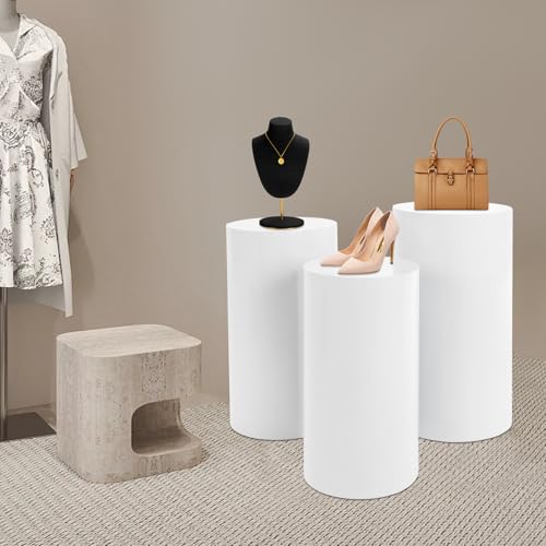 3 Pcs Cylinder Stands, Large White Cake Pedestal Tables(50cm, 55cm, 60cm), Round Reusable Dessert Display Plinth Pillars for Party Weddings or Banquets - size: 23.6''(l),21.6''(m),19.7''(s)