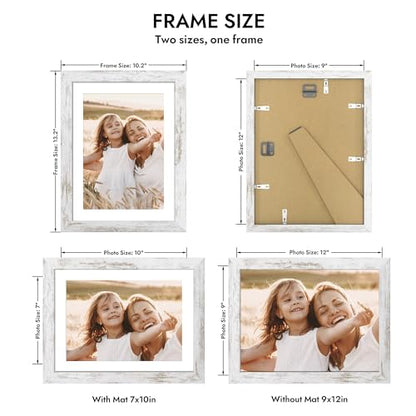 Hongkee 9x12 Picture Frame with Glass, Display Pictures 7x10 with Mat or 9 x 12 without Mat - Wall and Tabletop, 9 by 12 Photo Wooden Frames (Distressed White, 1 Pack) - color: Distressed White, size: 9X12 in