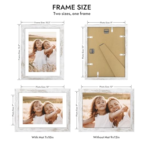 Hongkee 9x12 Picture Frame with Glass, Display Pictures 7x10 with Mat or 9 x 12 without Mat - Wall and Tabletop, 9 by 12 Photo Wooden Frames (Distressed White, 1 Pack) - color: Distressed White, size: 9X12 in