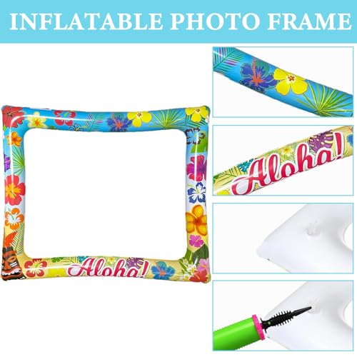 Hawaiian Party Photo Booth Props Kit, 30 PCS Luau Photo Booth Props with Large Inflatable Selfie Picture Frame for Hawaiian Tropical Tiki Summer Pool Party Supplies - size: Hawaiian Inflatable Frame 2