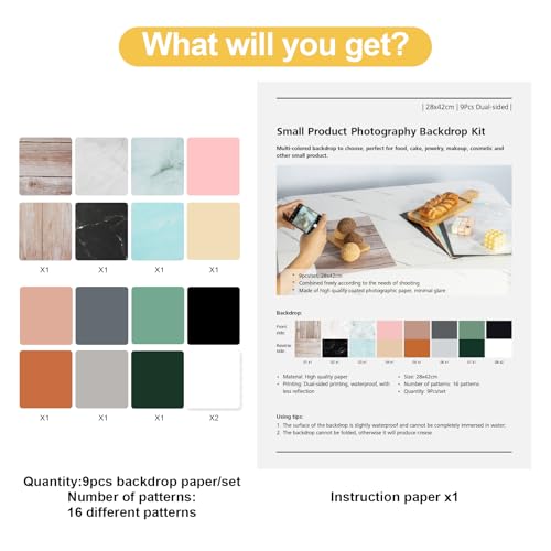 Meking 9PCS 16Patterns Product Photography Backdrops,Photo Background Flat Lay Tabletop Photo Backdrops for Food/Makeup/Jewelry Photography（16.5X11inch） - color: Mix color series