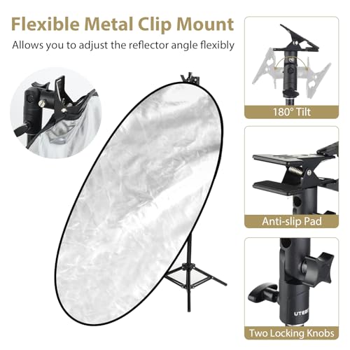 UTEBIT 35"x47"/90x120cm Photography Reflector with Stand & Clamp, 5-in-1 Oval Foldable Reflector with Carrying Bag,Translucent/Silver/Gold/White/Black Photography Reflector for Studio&Outdoor Lighting - size: 35x47 Inch