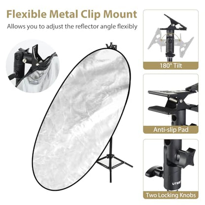 UTEBIT 35"x47"/90x120cm Photography Reflector with Stand & Clamp, 5-in-1 Oval Foldable Reflector with Carrying Bag,Translucent/Silver/Gold/White/Black Photography Reflector for Studio&Outdoor Lighting - size: 35x47 Inch
