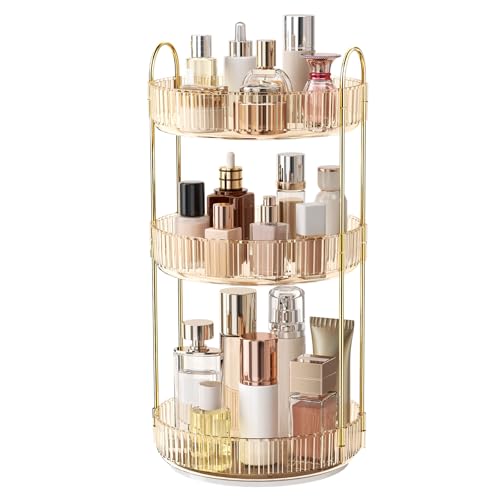 360° Rotating Makeup Organizer, Large Capacity Skincare Organizer, 3 Tier Cosmetic Skin Care Perfume Dresser Organizer, Fits Cosmetics, Perfume, Skin Care, Lipstick - color: Golden, size: 3 Tier