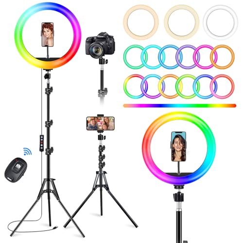 STALLY 10.2" Ring Light with Stand, 75" Tall Ring Light with Phone Holder and Wireless Remote, 12 Dimming Levels, 32 Color Modes Selfie Light Tripod for iPhone, Live Stream, Makeup, YouTube, TikTok - size: 10.2in