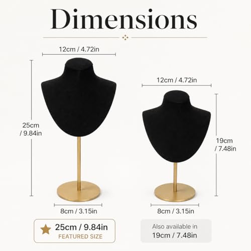 Necklace Display Stand For Selling Velvet Chain Jewelry Bust Holder Organizer With Stainless Steel Stand Jewelry Display - color: Black-9.84in