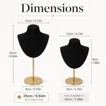 Necklace Display Stand For Selling Velvet Chain Jewelry Bust Holder Organizer With Stainless Steel Stand Jewelry Display - color: Black-9.84in