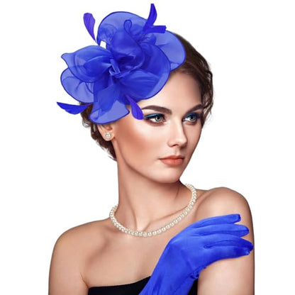 Fascinators Hats with Gloves Set for Women 20s 50s Cocktail Tea Party Wedding Costume Headwear - color: 03-royal Blue